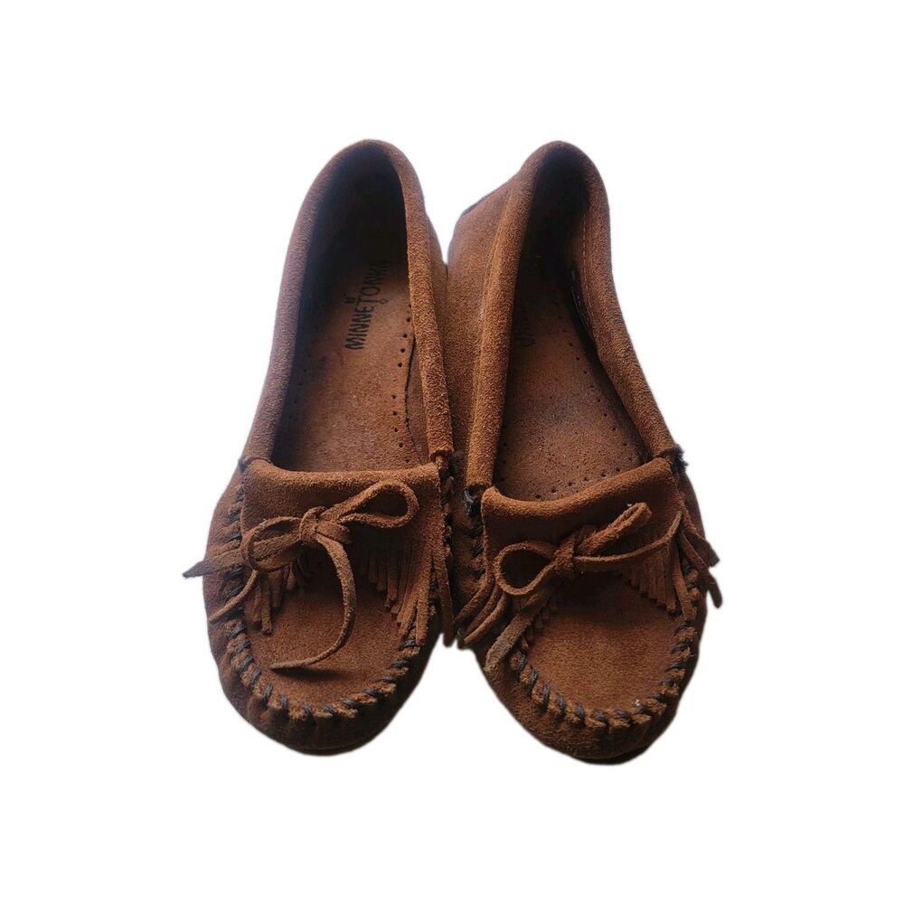 Minnetonka Kiltie Driving Moccasins Women Sz 7.5 Brwn Suede Whipstitch